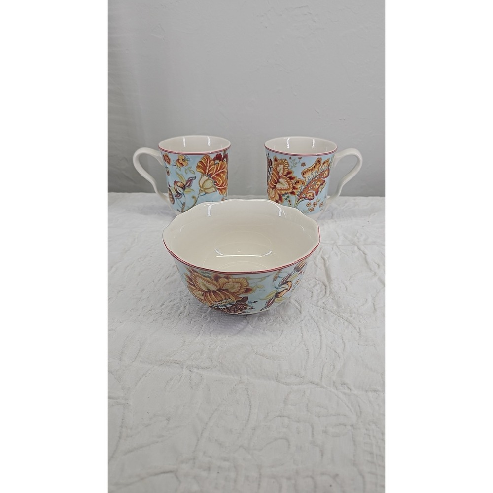 222 Fifth 1990's Gabrielle Spring Blue Cup‎ / Mug And Soupbowl (Lot of 3 Items)